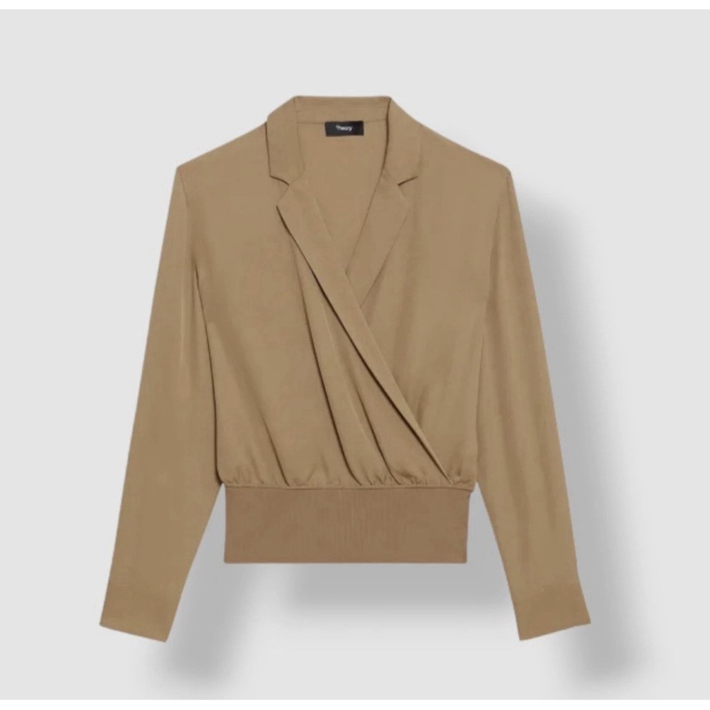 Theory Top Women Small Brown 100% Silk Wrapped-Front Notched Collared #JJJ12-2
